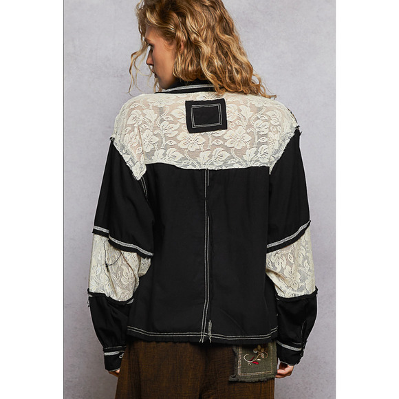 POL Size Medium Button Down Black Paisley Jacket Lace Detal Long Baloon Sleeve - Picture 2 of 5